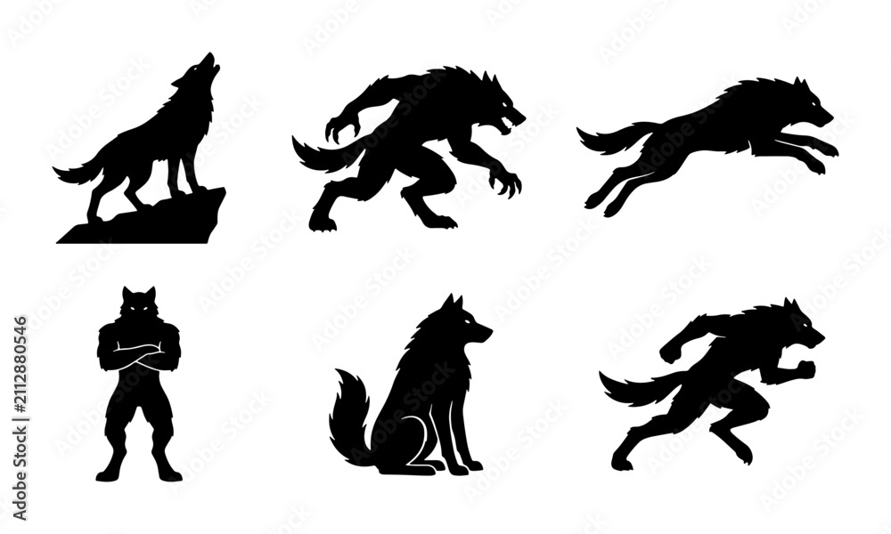 Obraz premium Werewolf Silhouettes Collection: Mythical Creature Poses, Fantasy Horror Vector Icons
