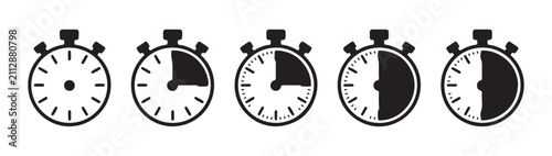 Obraz na płótnie Collection of five stopwatch icons representing different time intervals on transparent grid background