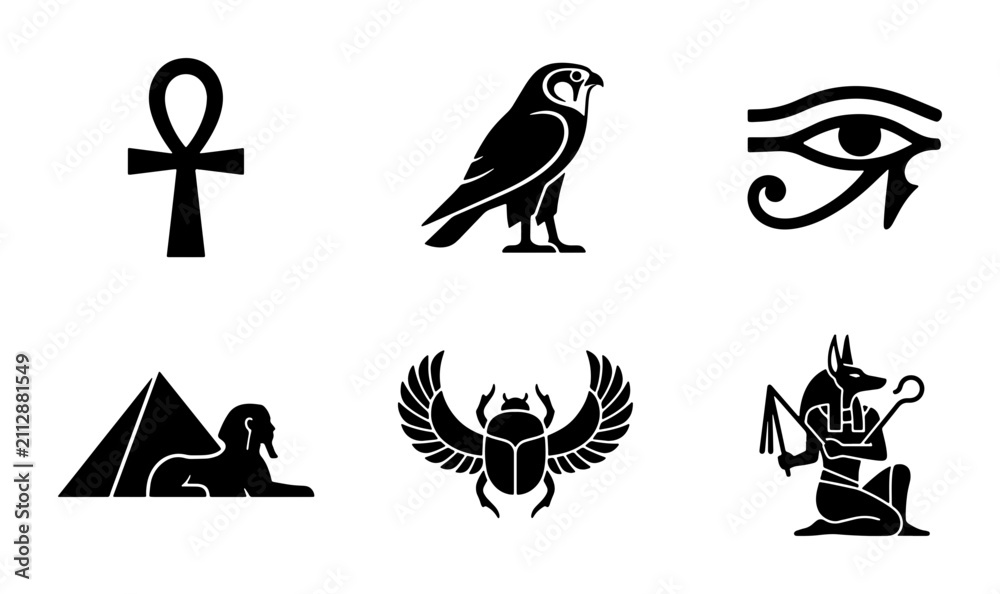 Fototapeta premium Ancient Egyptian Symbols Vector Icons: Ankh, Horus, Eye of Ra, Pyramid, Scarab, Anubis