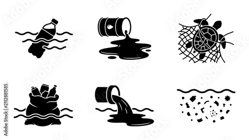 Obraz na plátne Environmental Pollution Icons: Plastic Waste, Oil Spill, Turtle Trap, Ocean Debr