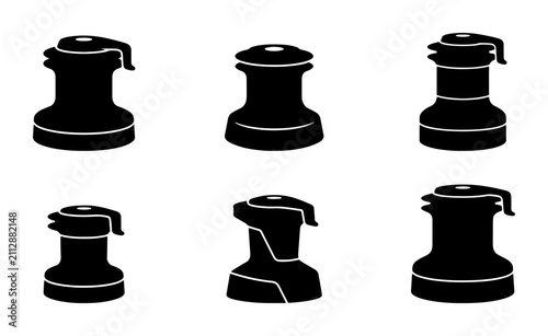 Six Black Silhouette Boat Winches, Nautical Equipment Icons, Marine Mooring Device Vector Set