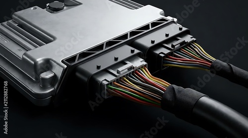 Professional automotive electronic control unit hardware for autosar class prompt engineer highlighting intricate wire harnesses and industrial design.