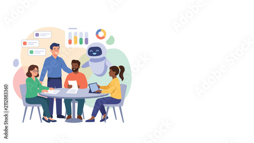 Diverse team collaborating around a table using AI and digital tools.