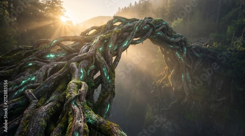 Mystical Glowing Tree Root Bridge Arch Over Misty Forest Ravine Sunbeams Landscape