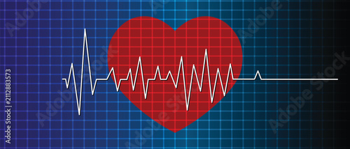 Heartbeat Pulse Line with Red Heart Over Blue Digital Grid Vector