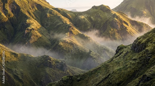 Green Mossy Mountain Ridges with Fog and Golden Light, Dramatic Icelandic Highlands Landscape