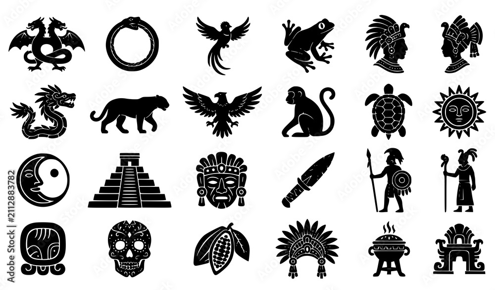 Obraz premium Mayan Inspired Vector Silhouette Collection with Double Headed Dragon Ouroboros Serpent King Profile Temple