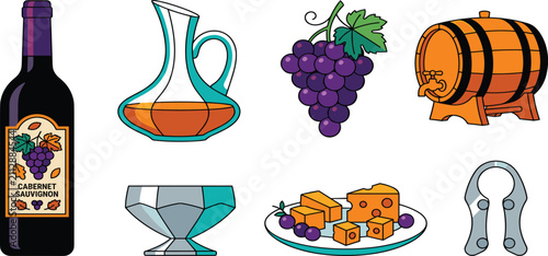 Konstfotografi Wine Tasting and Winemaking Vector Icon Set Featuring Cabernet Sauvignon Bottle