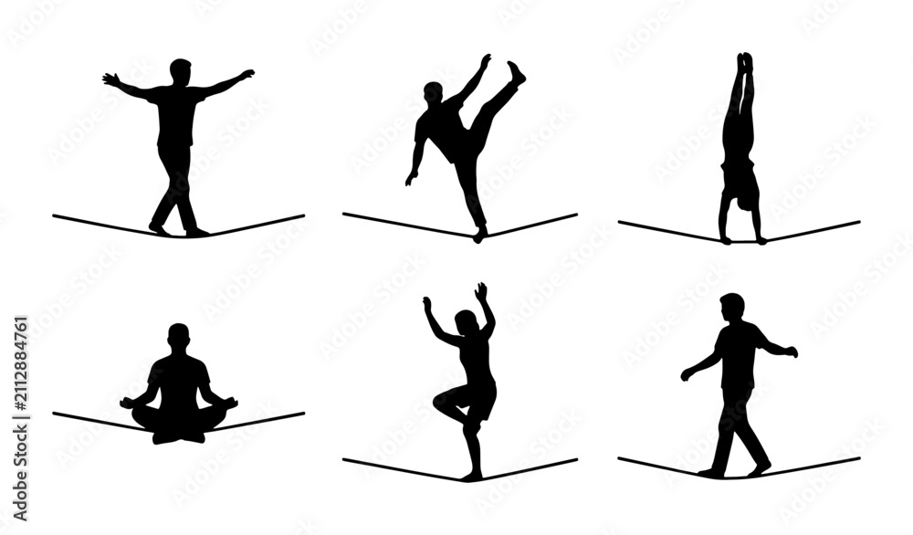 Fototapeta premium Balance, Yoga, Acrobatics: Silhouette Figures on Tightrope, 6 Poses, Vector Set