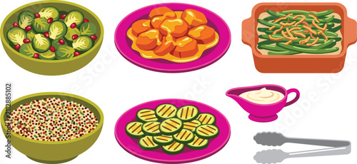 Bild auf Leinwand Healthy Thanksgiving Side Dishes Vector Illustration Set Featuring Brussels Spro