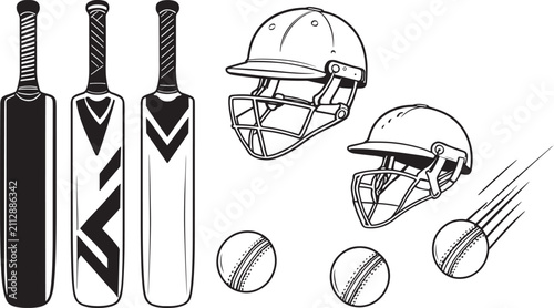 Realistic Cricket Bats Helmets and Leather Balls Equipment Vector