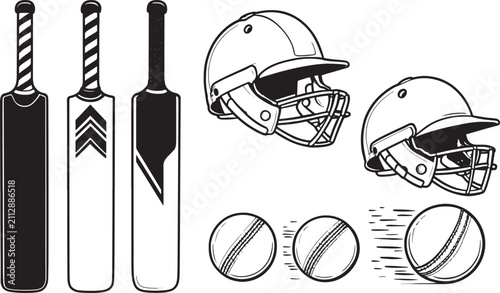 Realistic Cricket Bats Helmets and Leather Balls Equipment Vector