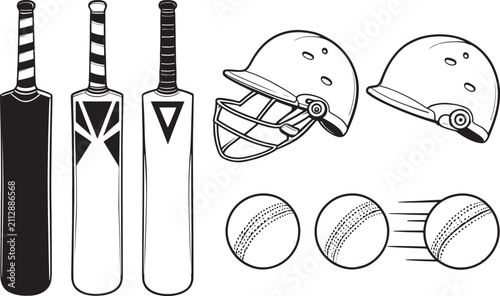 Realistic Cricket Bats Helmets and Leather Balls Equipment Vector