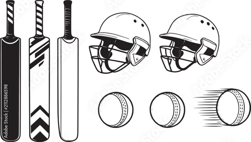 Realistic Cricket Bats Helmets and Leather Balls Equipment Vector