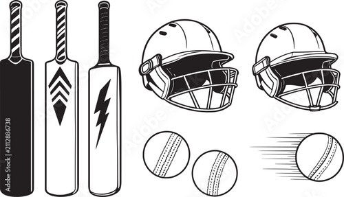 Realistic Cricket Bats Helmets and Leather Balls Equipment Vector