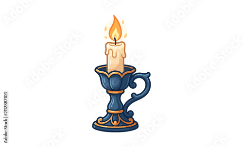 Lit Candle in Vintage Candlestick Vector Illustration