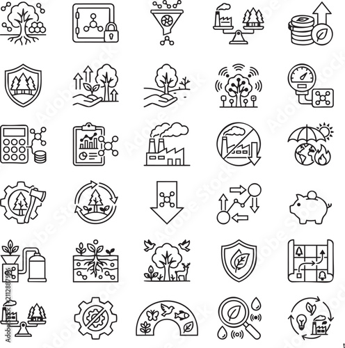 Foto Forest Carbon Carbon Sequestration Climate Action Line Icons Vector Set for Sust