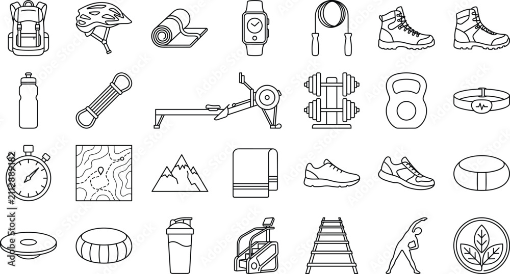 Fototapeta premium Comprehensive fitness and outdoor sports equipment line icon set featuring gym tools workout gear and adventure accessories