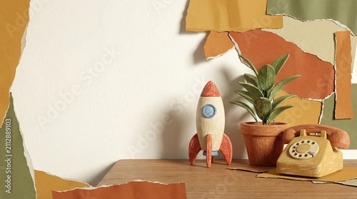 Retro Crayon Collage Art,Naive Kids Collage Style,Playful Halftone Doodle Art, Colorful Crayon Collage with Vintage Objects and Plants