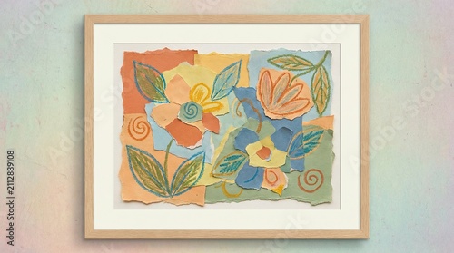 Retro Crayon Collage Art,Naive Kids Collage Style,Playful Halftone Doodle Art, Vibrant Floral Collage Artwork in Colorful Design