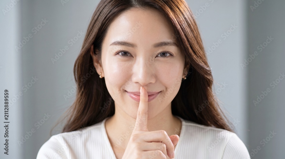 Naklejka premium Close-up portrait of a cheerful East Asian woman putting her index finger on her lips in a shh quiet or secret gesture, smiling warmly at the camera.