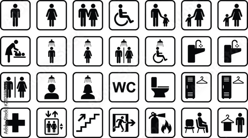 Collection of universal public restroom and facility pictograms on white background