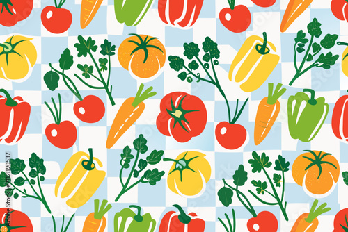 Картината върху платно fresh produce on checkered pattern vector vegetables fruits tomato carrot pepper