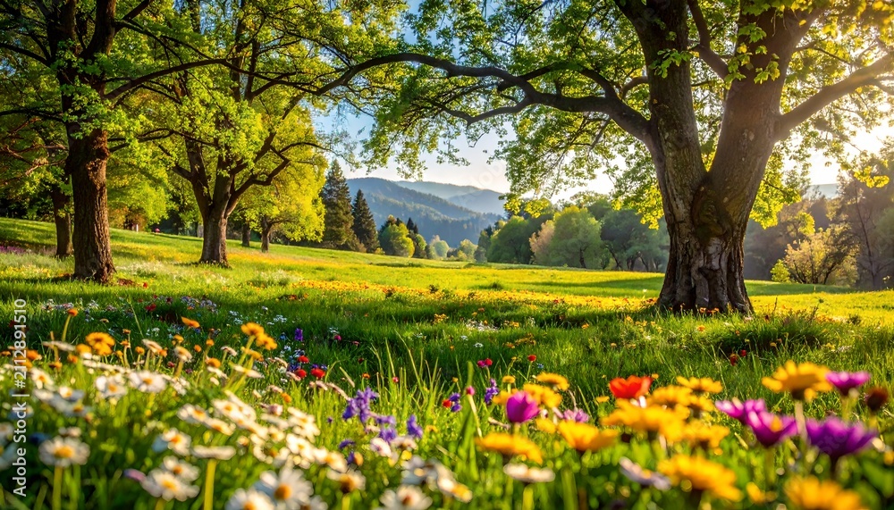 Fototapeta premium Sunlit Meadow with Blooming Wildflowers and Lush Trees