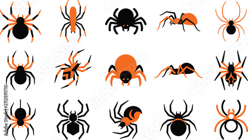 Foto Set of halloween spiders in flat vector style for holiday decoration with multi