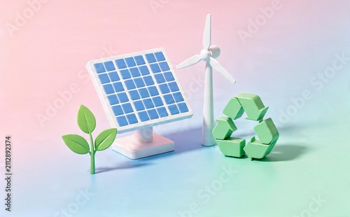 Eco-friendly renewable energy concept with solar panel and wind turbine