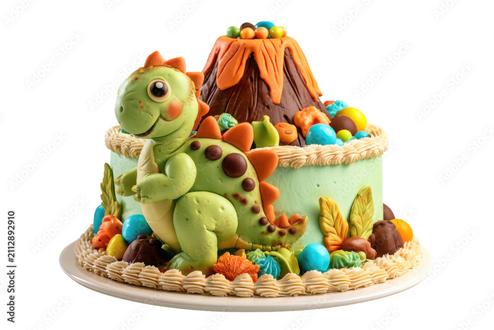 Fototapeta premium Realistic homemade children's birthday cake featuring a friendly dinosaur beside a volcano with colourful edible decorations. Isolated PNG on a white background for baking inspiration.