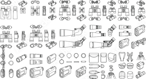 Фотография Optical Binoculars and Monocular Telescope Components Blueprint Vector Icon Coll