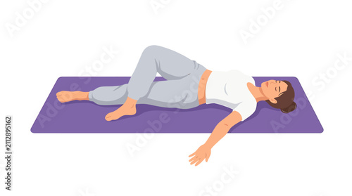 Foto Asian Female Resting in Supine Spinal Twist Pose Flat Vector