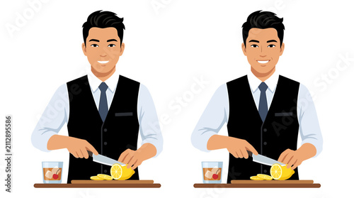 Foto Asian Male Bartender Slicing Bright Yellow Lemon