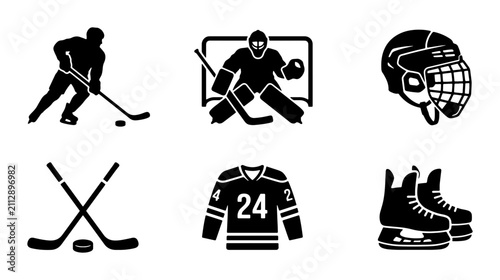 Photography Hockey Icons Set: Player, Goalie, Net, Puck, Skates, Jersey, Equipment Vector Gr