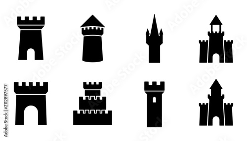 Obraz na płótnie Castle Tower Icons, Medieval Fortress Silhouettes, Royal Architecture Vector Set