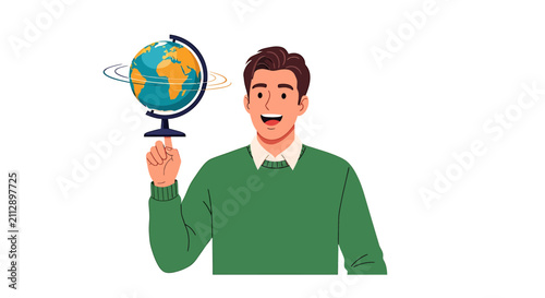 Thrilled Male Localization Expert Spinning Desk Globe