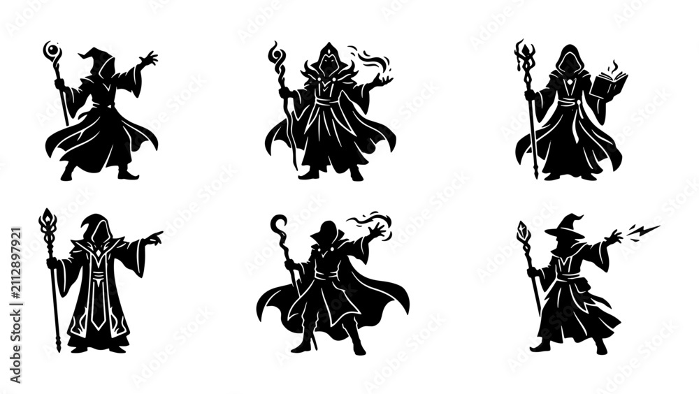 Fototapeta premium Mystical Wizard Icons, Magic Sorcerer Silhouettes, Fantasy Mage Graphics, Enchanted Character Set