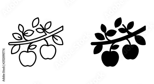 Apple Branch Icons, Outline and Silhouette, Fruit Harvest Vector Art, Organic Food Graphics