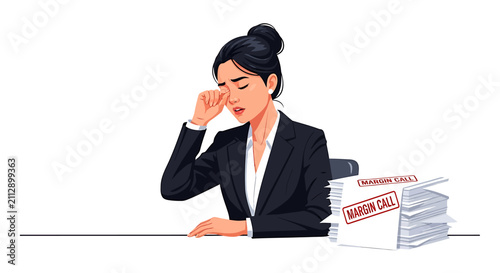 Фотография Asian Corporate Treasurer Rubbing Eyes Near Margin Call Notices