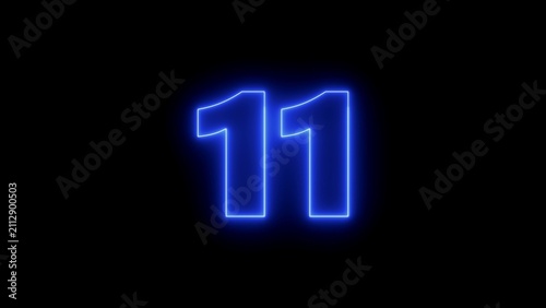 Photography Glowing neon blue number eleven isolated on a solid black background, for digita