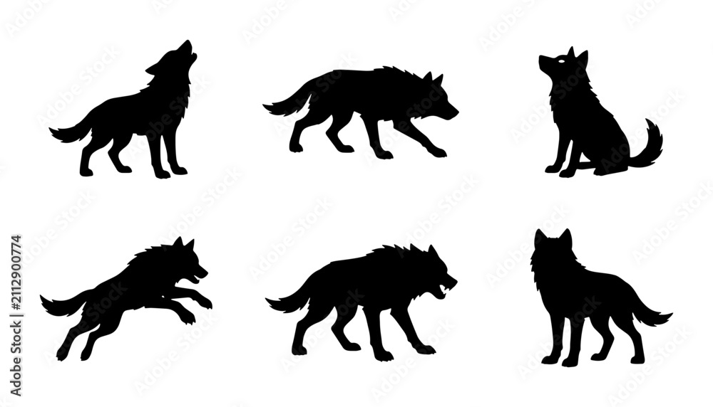 Obraz premium Wolf Silhouettes Collection, Wild Animal Vector Icons, Nature Wildlife Graphic Elements