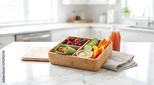 Healthy bento box with fresh wraps and vegetables.