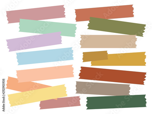 Colorful torn paper strips scattered on white background.