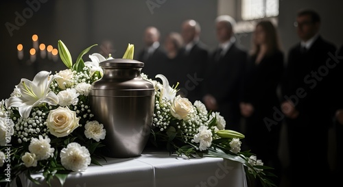 Funeral urn surrounded by flowers during remembrance ceremony