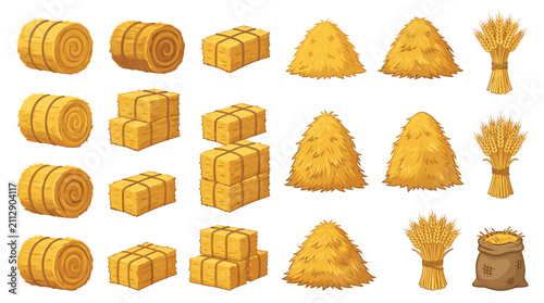 Fotografía Various harvested hay and wheat bundles arranged in orderly rows against a white