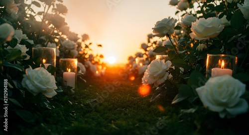White roses and candles arranged for peaceful memorial ceremony