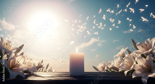 Memorial candle with white flowers and flying doves of peace