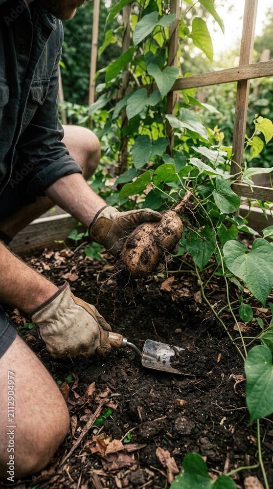 Fototapeta premium Gardener Gently Pulls Freshly Harvested Root Vegetable From Rich Soil
