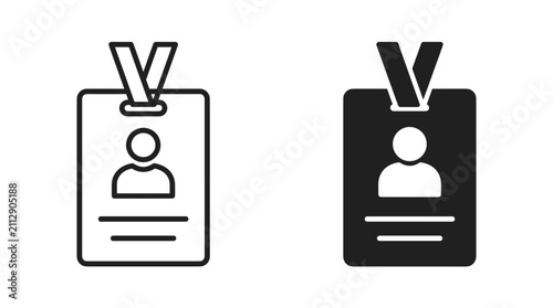 Identification badge with lanyard and person icon in outline and solid styles on white